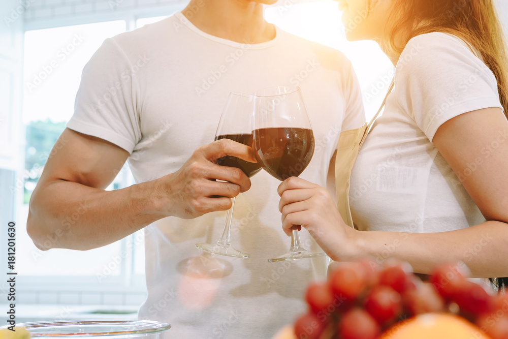 Asian teen couple are helping to make dinner. And bakery together happily. On Valentines Day in the