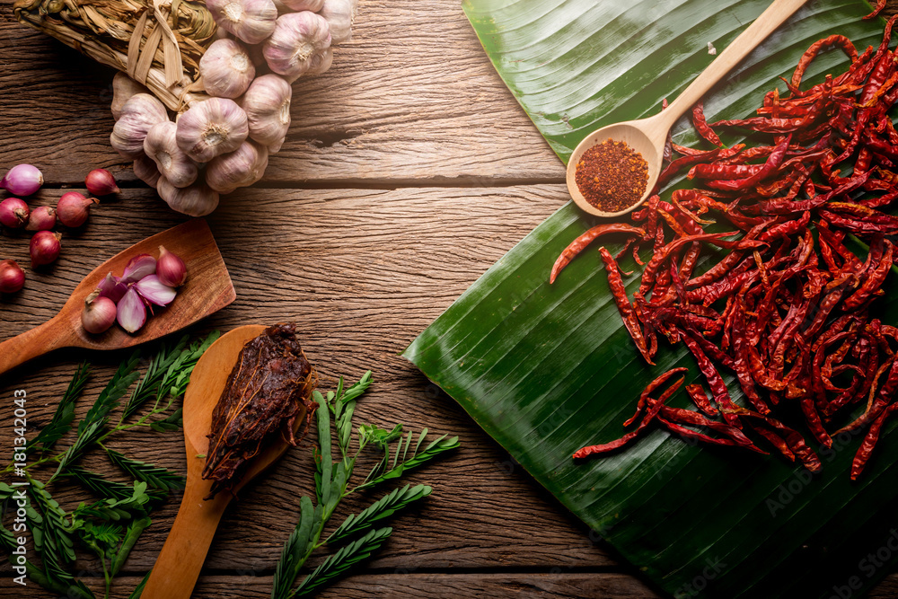 thai tradition style spicy dipping mad frop pork and shirmp with spicy and herb for ingredient on wo