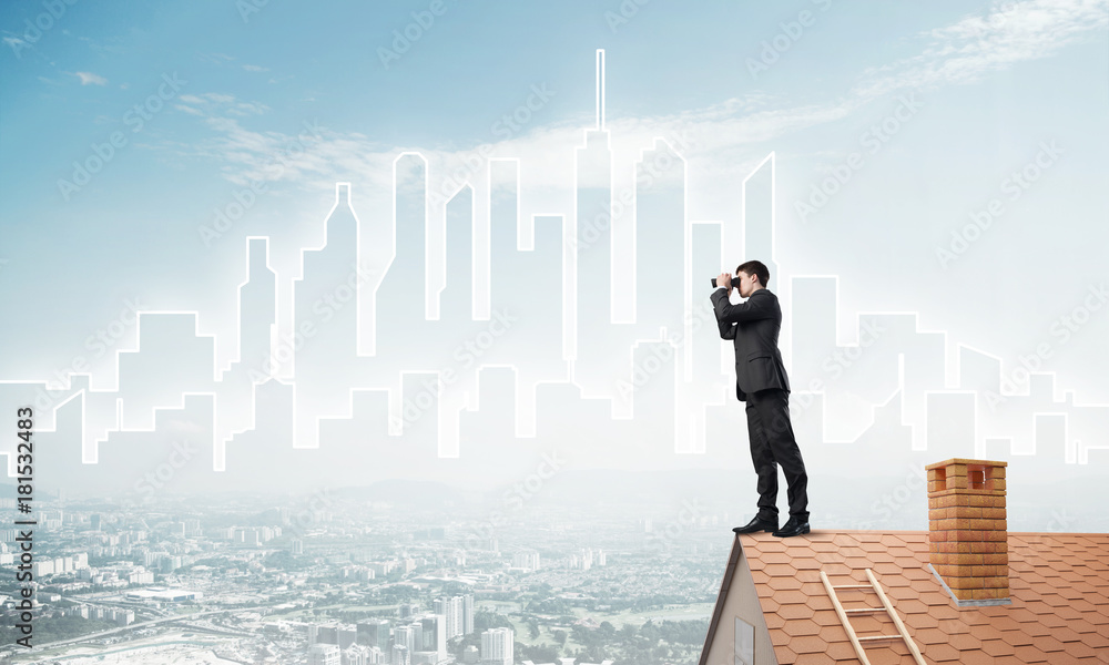 Businessman standing on roof and looking in binoculars. Mixed media