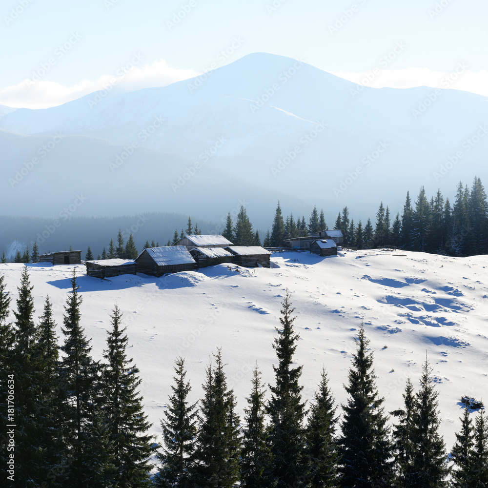 Fantastic landscape with snowy house