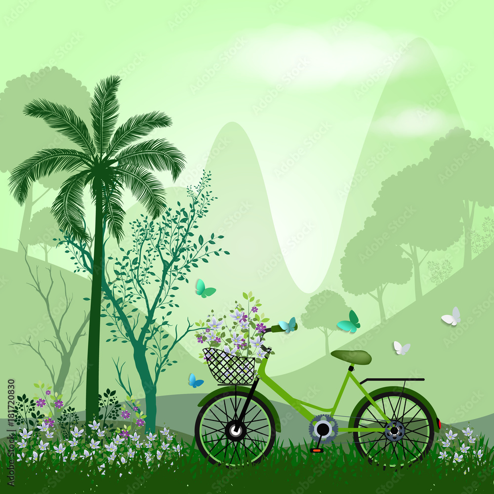 Bicycle with flowers basket in the green field background, vector eps10