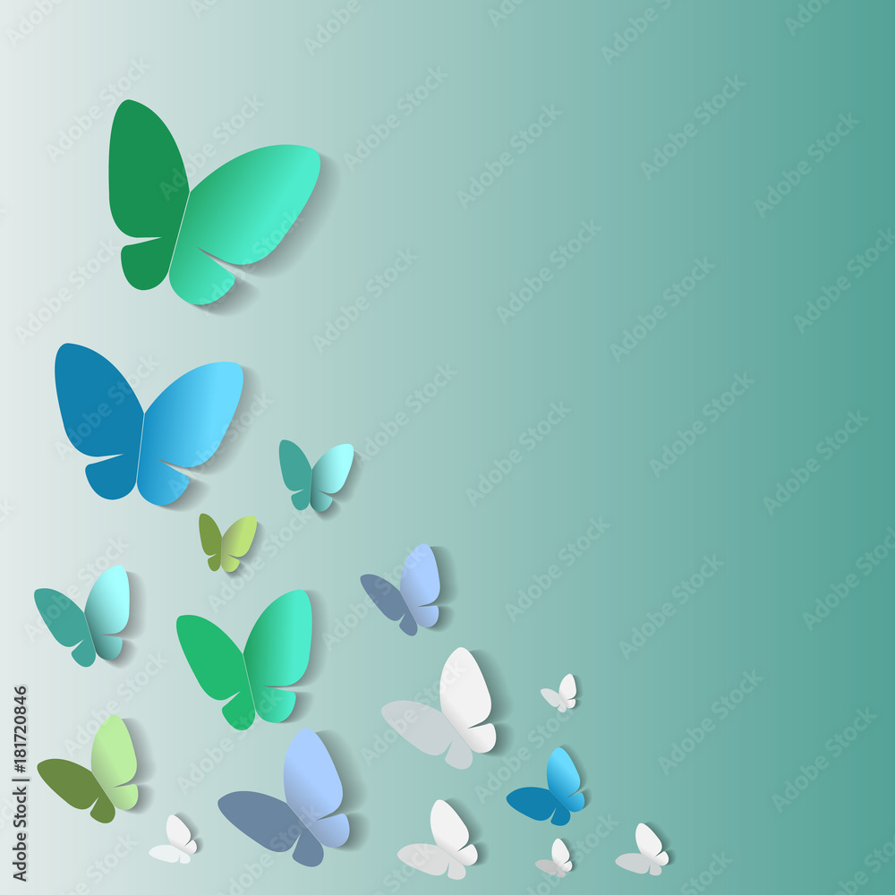 Abstract background of paper cut flying butterflies on a green. Vector illustration EPS 10