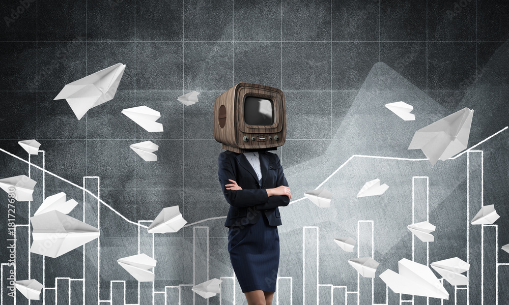 Business woman with old TV instead of head.