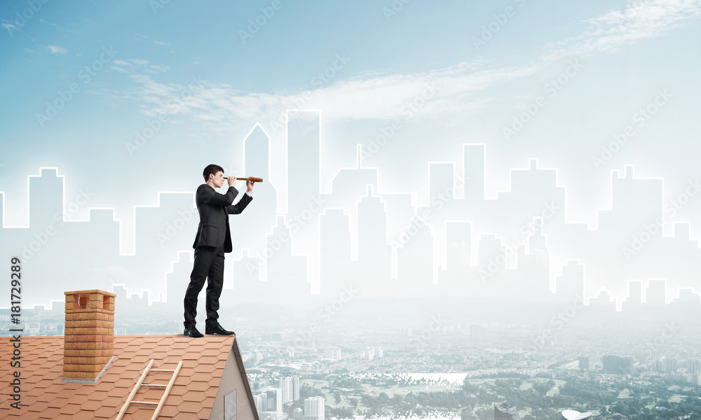 Engineer man standing on roof and looking in spyglass. Mixed media