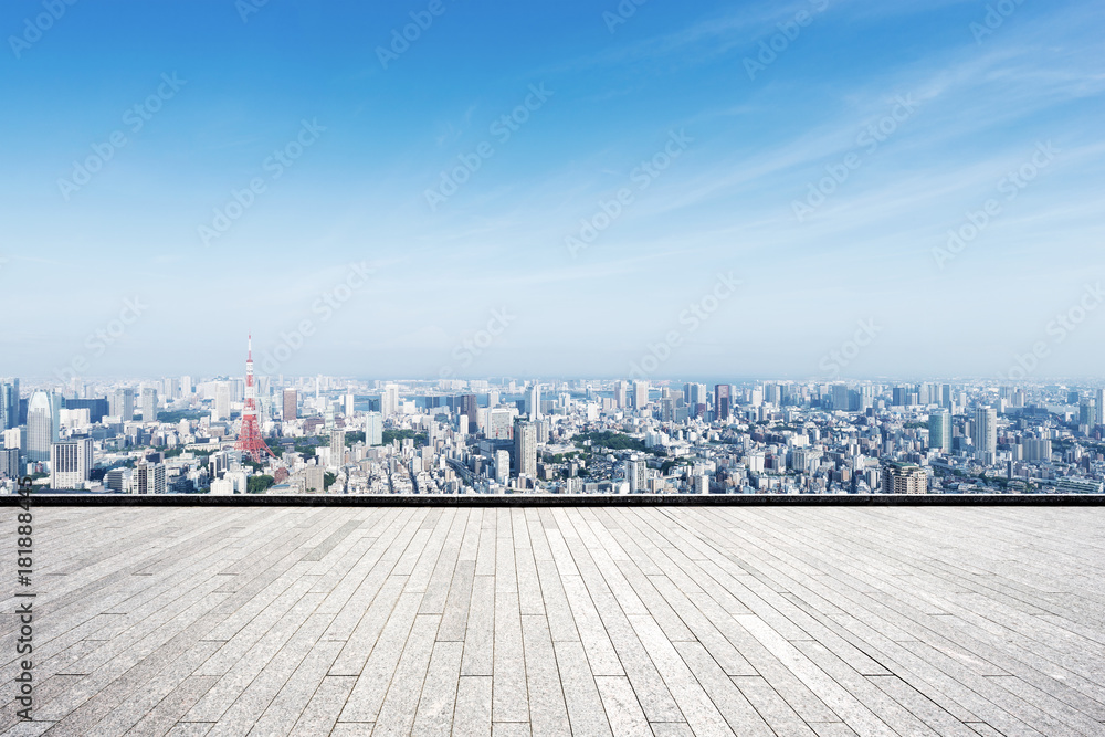 empty marble floor with modern cityscape