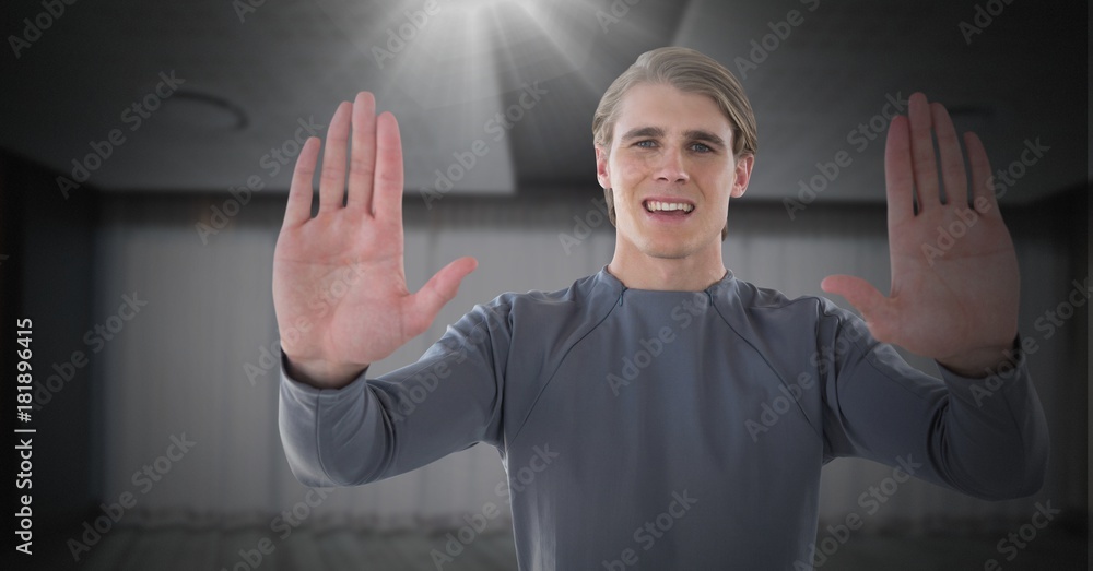 Businessman holding hands up