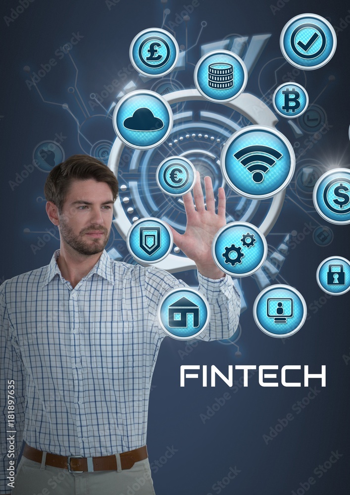 Businessman touching Fintech with various busincons