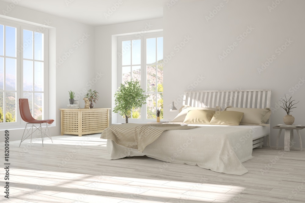 Idea of white minimalist bedroom. Scandinavian interior design. 3D illustration