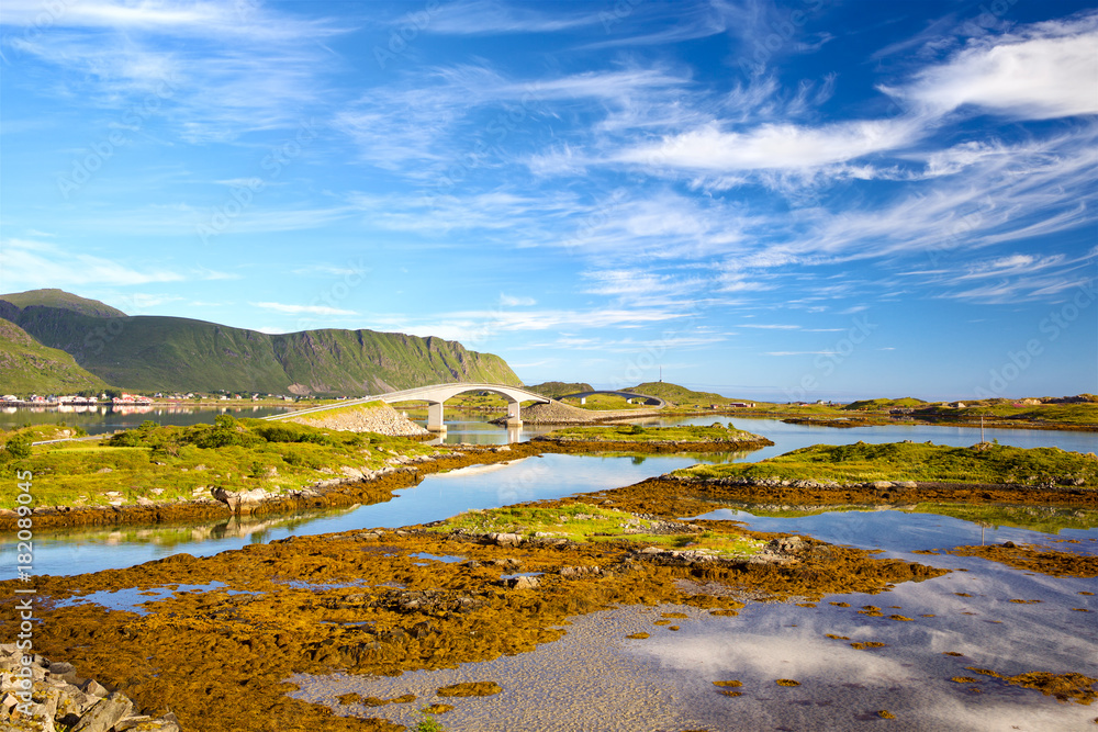 Elegant bridges near Fredvang in Lofoten Islands, Norway