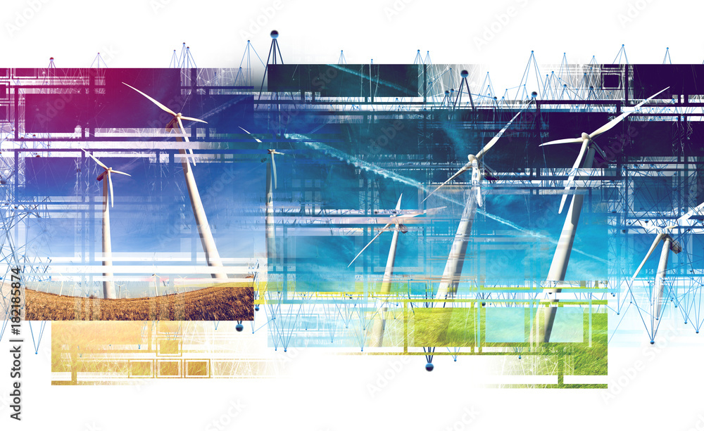 Concepto de energía sostenible y renovable.Diseño con doble exposición.Aerogeneradores y molinos de 