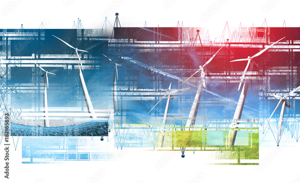 Concepto de energía sostenible y renovable.Diseño con doble exposición.Aerogeneradores y molinos de 