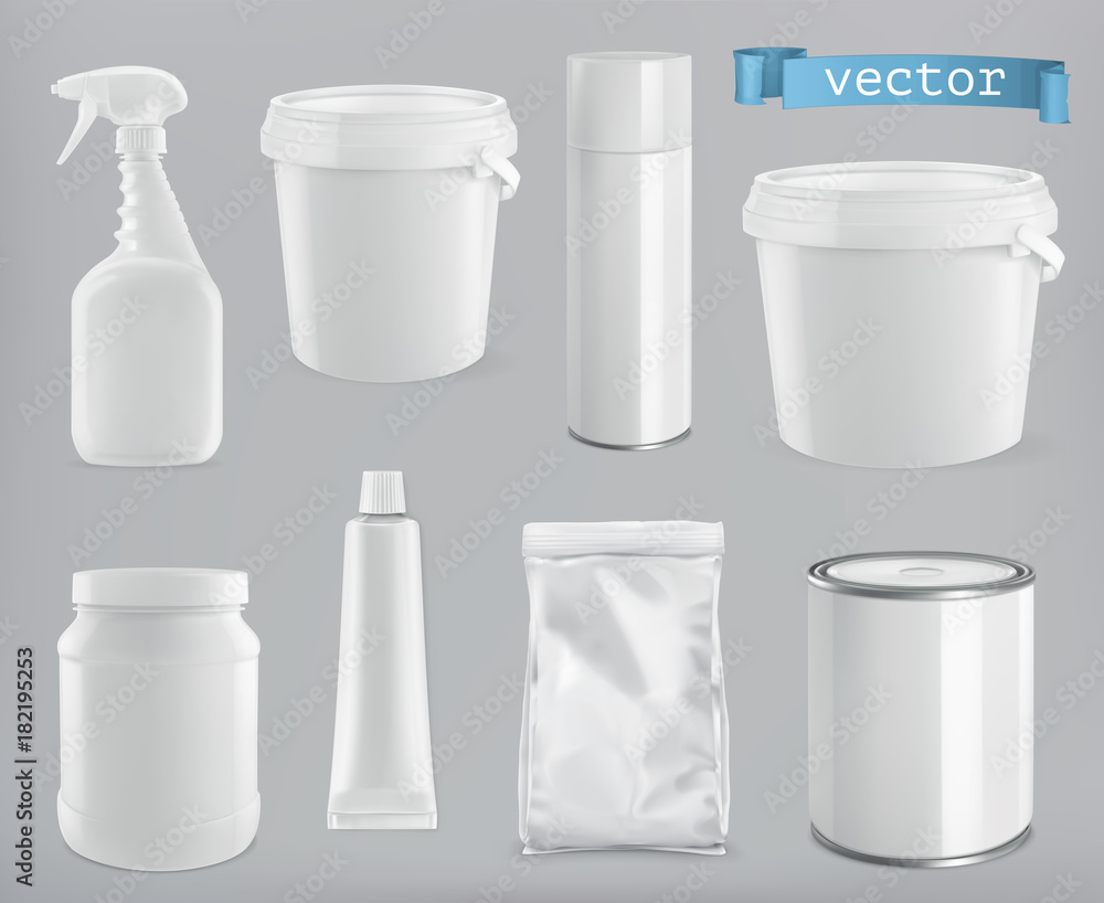 Packaging building and sanitary. White plastic, metal and paper pack. 3d realism, vector mockup set