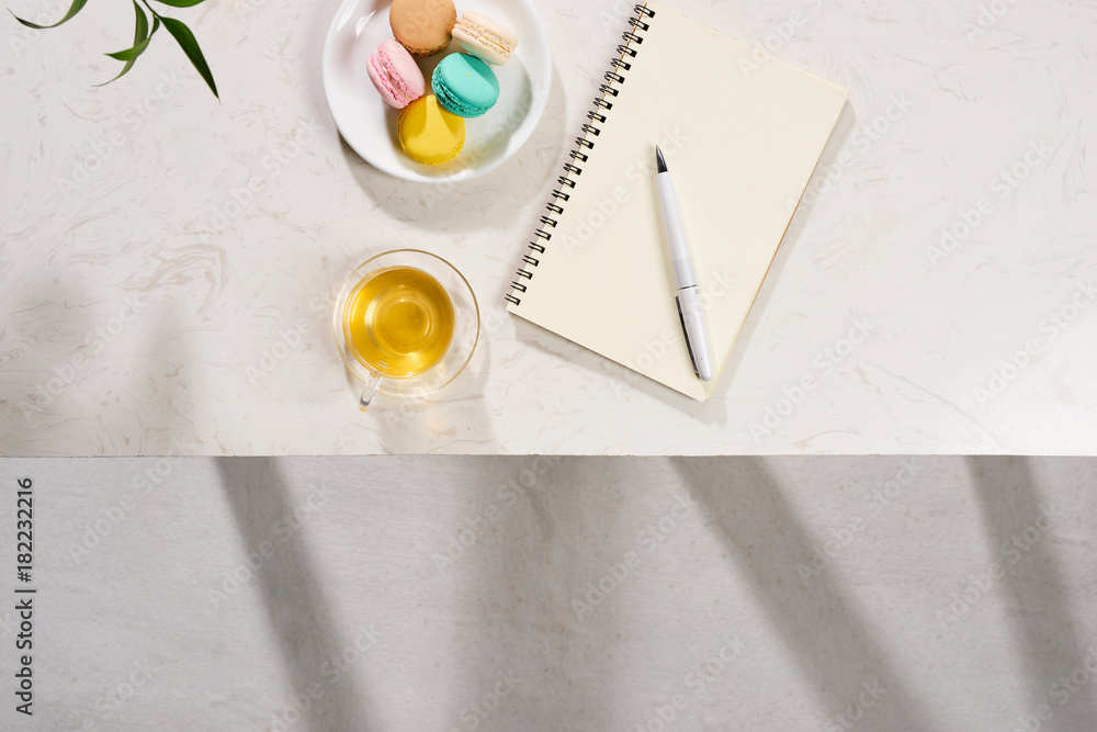 Dessert and coffee on wooden table. Top view with copy space