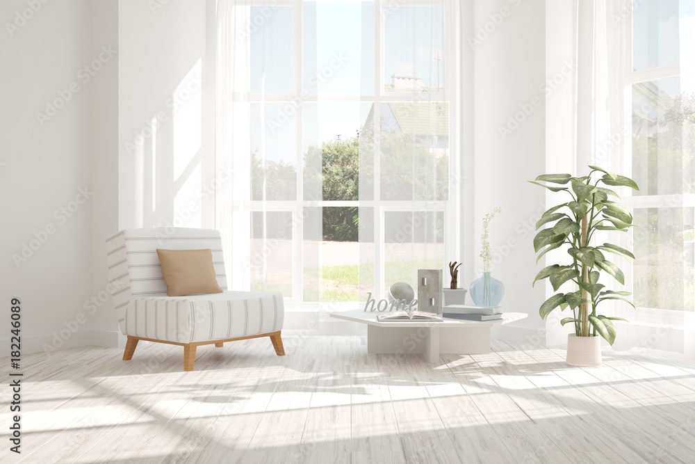 Idea of white room with armchair and summer landscape in window. Scandinavian interior design. 3D il