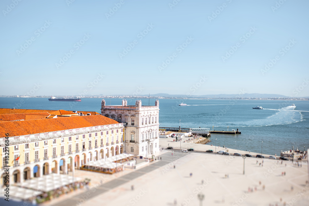 Top view on the Commerce square in the centre of Lisbon city during the sunny day in Portugal