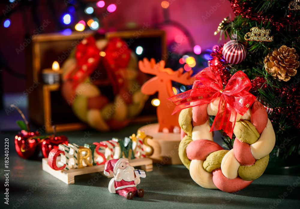 Christmas wreath bread with christmas tree ,Santa Claus,Christmas 

text decoration 