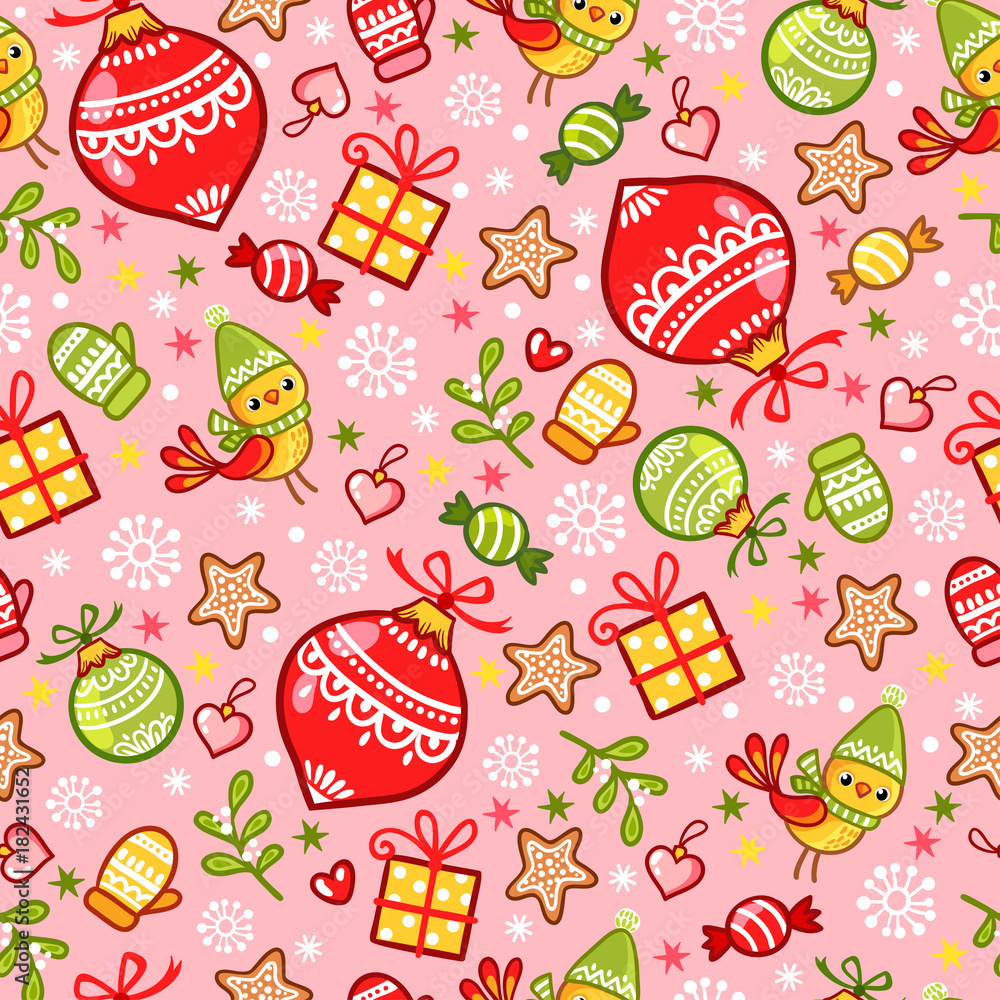 Vector illustration on a christmas theme.Seamless pattern with New Year ornaments on a pink backgrou