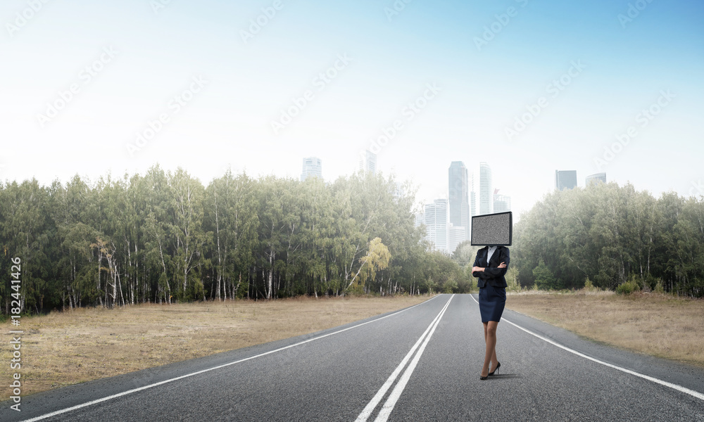 Business woman with TV instead of head.