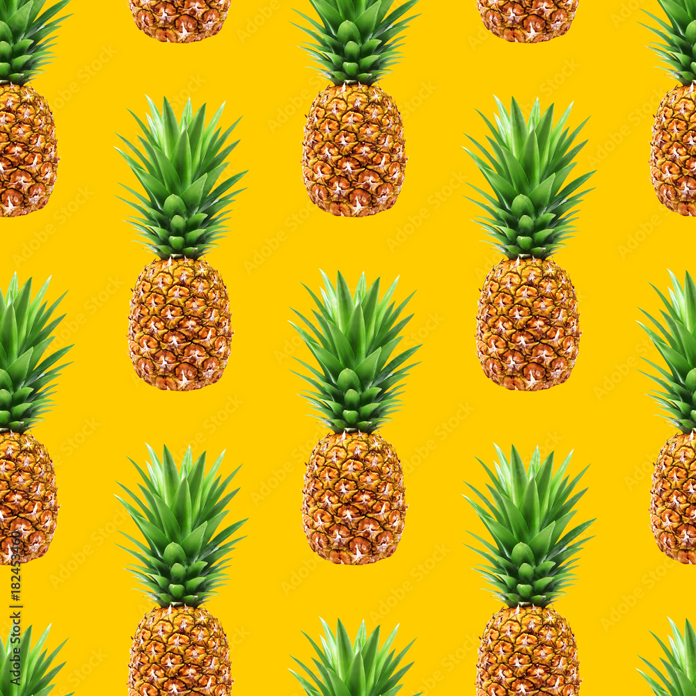 Pineapple seamless pattern on yellow summer background