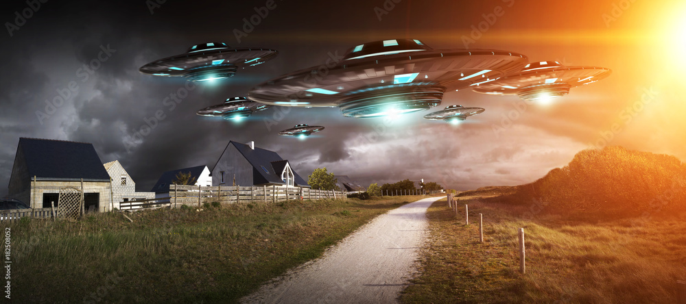 UFO invasion on planet earth landascape 3D rendering