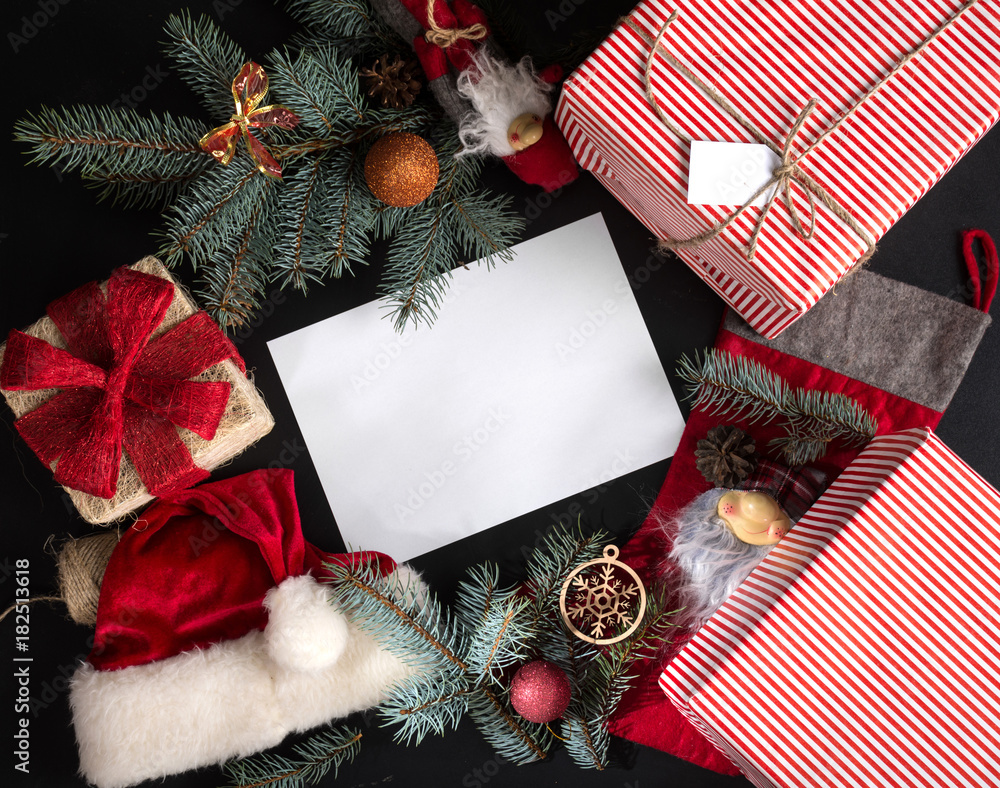 Holiday Concept. Merry Christmas and Happy New Year. Christmas Decorations on a blackboard.