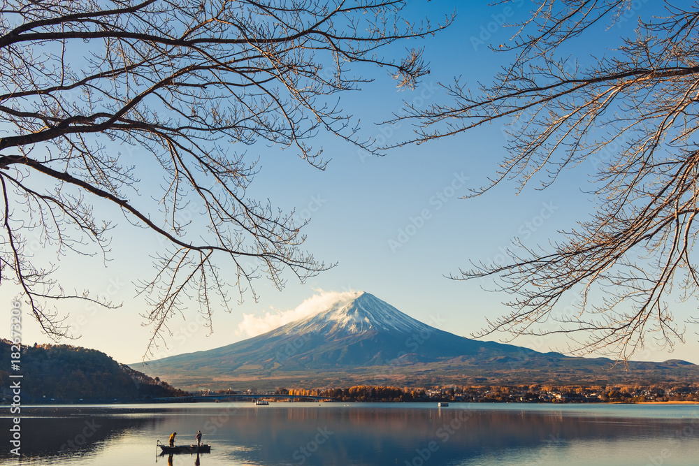 Landscape view of Fuji san mountain in Japan, Kawaguchiko lake with vintage color