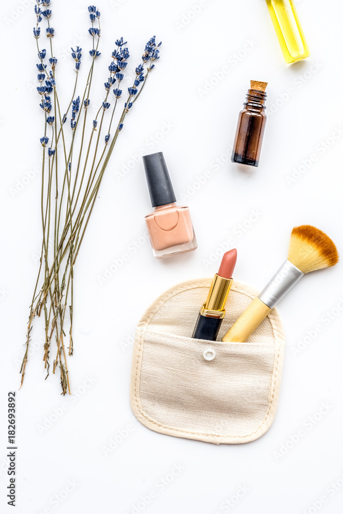 decorative cosmetics on white background top view