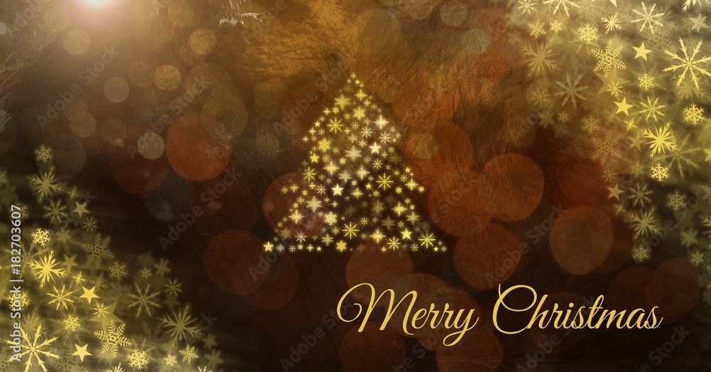 Merry Christmas text and Golden Snowflake Christmas tree pattern