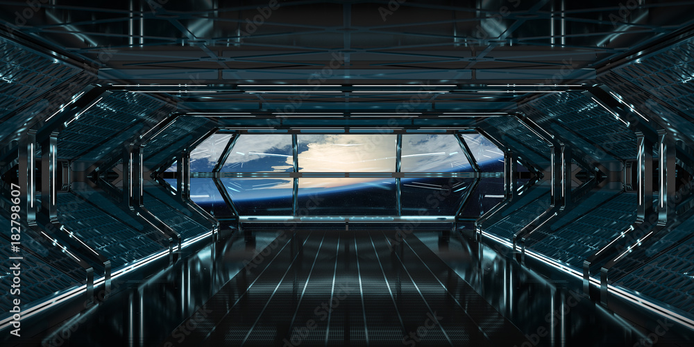 Spaceship interior with view on Earth 3D rendering