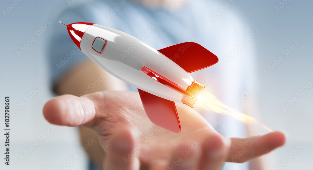 Businessman holding and touching a rocket 3D rendering