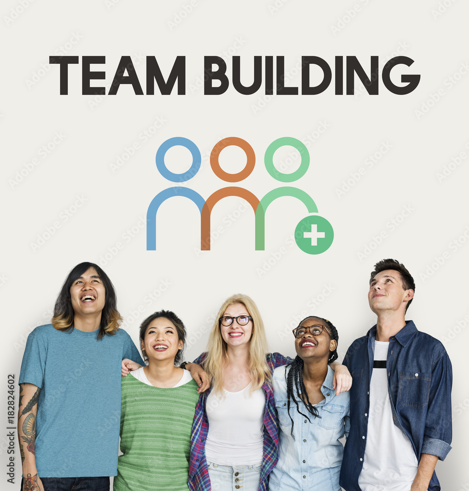 Group of diverse friends with team building graphic