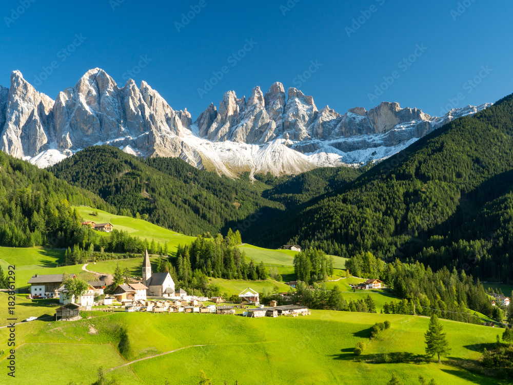 Val di Funes valley, Santa Maddalena touristic village, Dolomites, Italy, Europe. Autumn, 2017