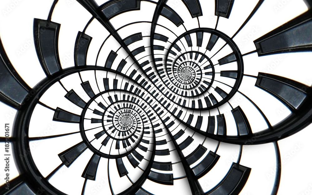 Distorted Piano keyboard music swirl abstract fractal spiral pattern background. Black and white pia