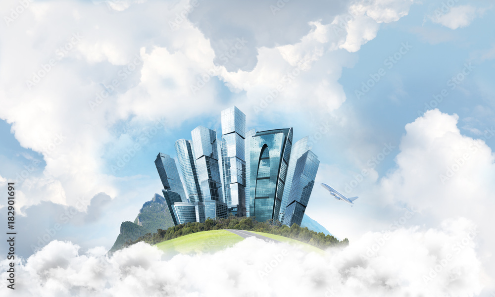 Concept of eco green life as elegant business center on white clouds