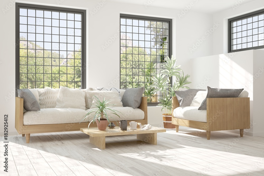 Idea of white room with sofa and summer landscape in window. Scandinavian interior design. 3D illust