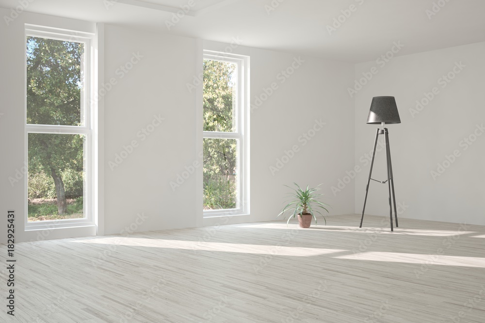 White empty room with summer landscape in window. Scandinavian interior design. 3D illustration