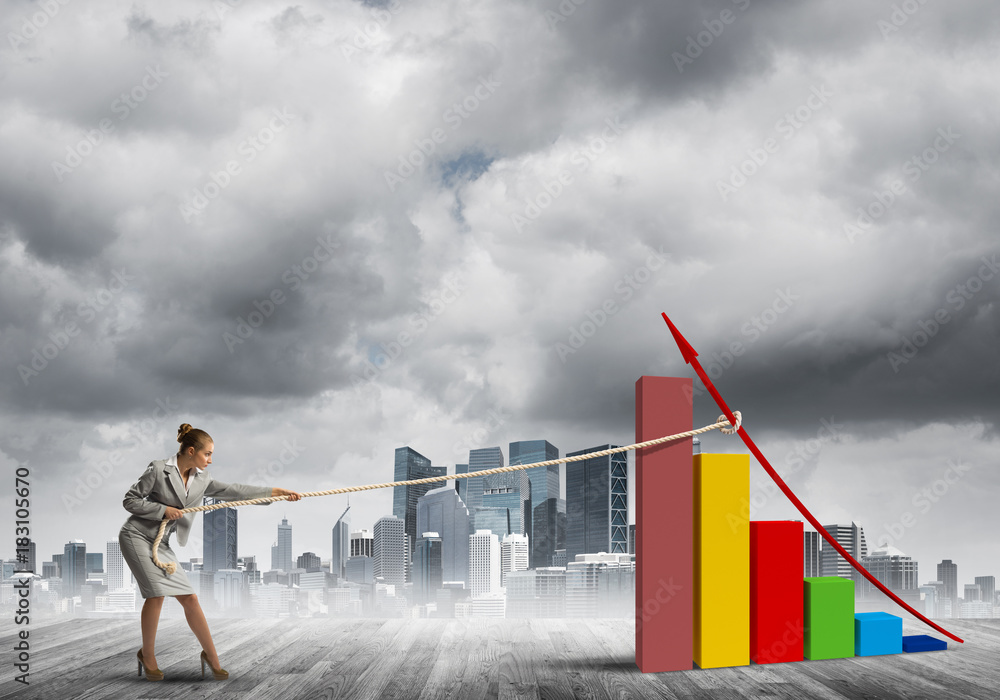 Businesswoman pulling graph with rope as concept of power and control