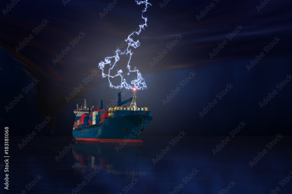 ship with container import export on storm sky.