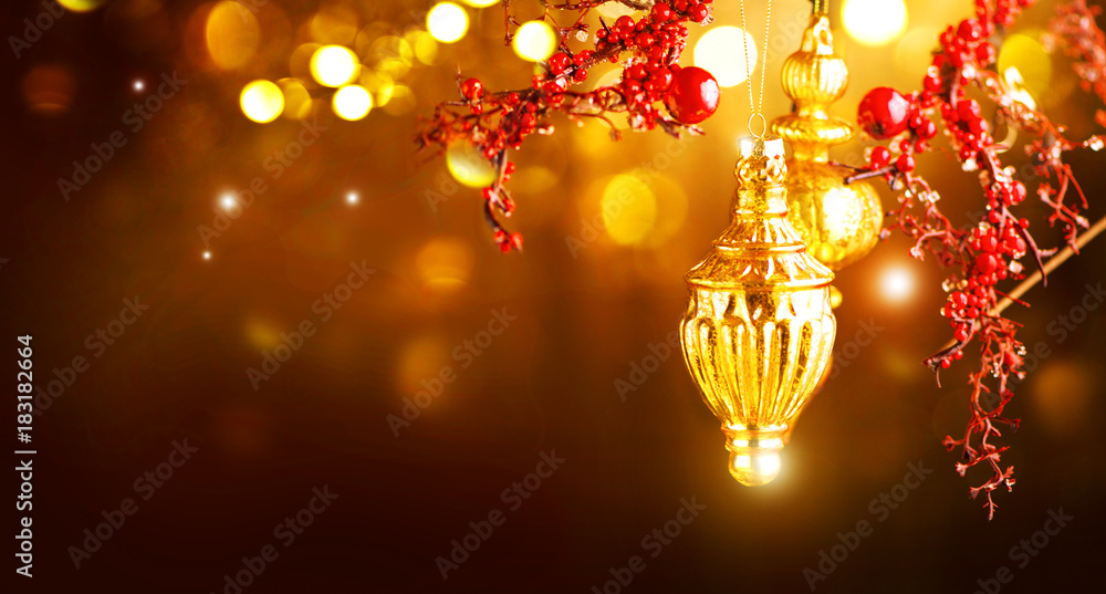 Christmas and New Year golden decoration. Abstract blinking holiday background