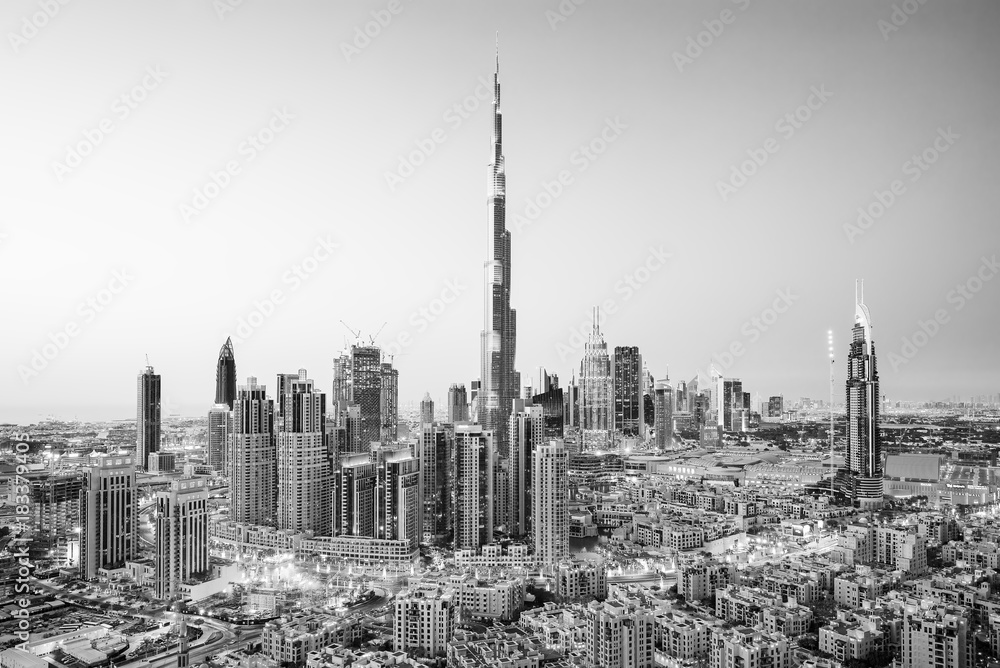 DUBAI ,UNITED ARAB EMIRATES-FEBRUARY 18, 2017: Beautiful Dubai downtown at the sunset,Dubai,United A