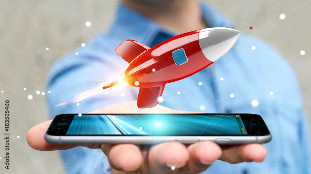 Businessman holding and touching a rocket 3D rendering