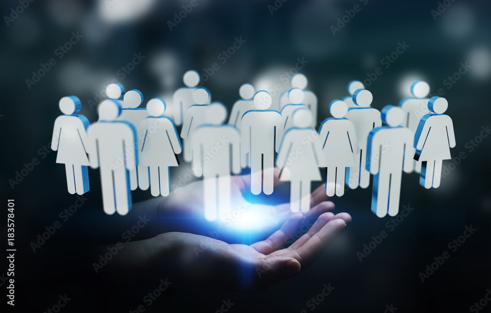 Businessman holding 3D rendering group of people in his hand