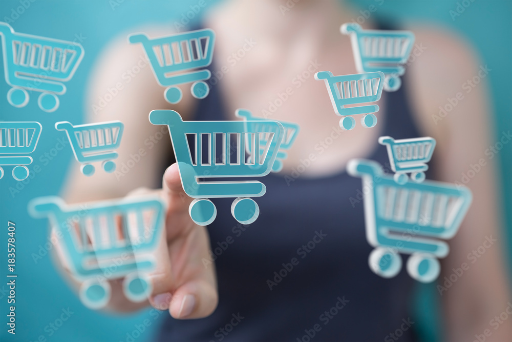 Businesswoman using digital shopping icons 3D rendering