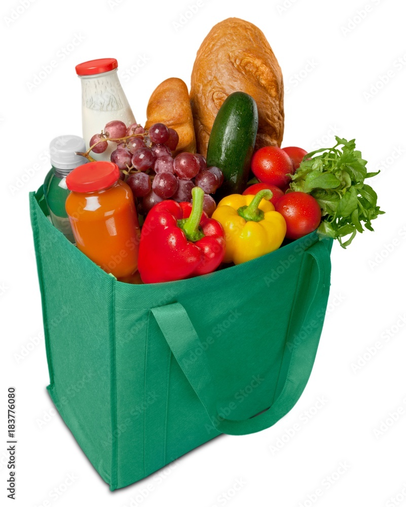 Reusable shopping bag full of groceries