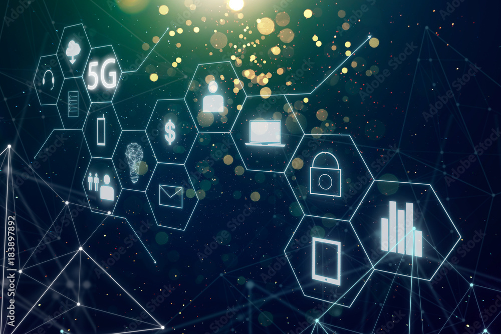 5G network wireless systems and internet of things with abstract bokeh and dot  connection backgroun