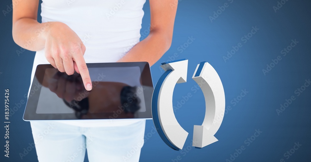 Hand touching tablet with 3D refresh arrows icon