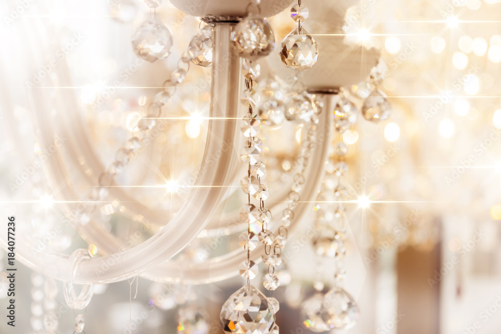 Crystal chandelier close-up. Glamour background with copy space