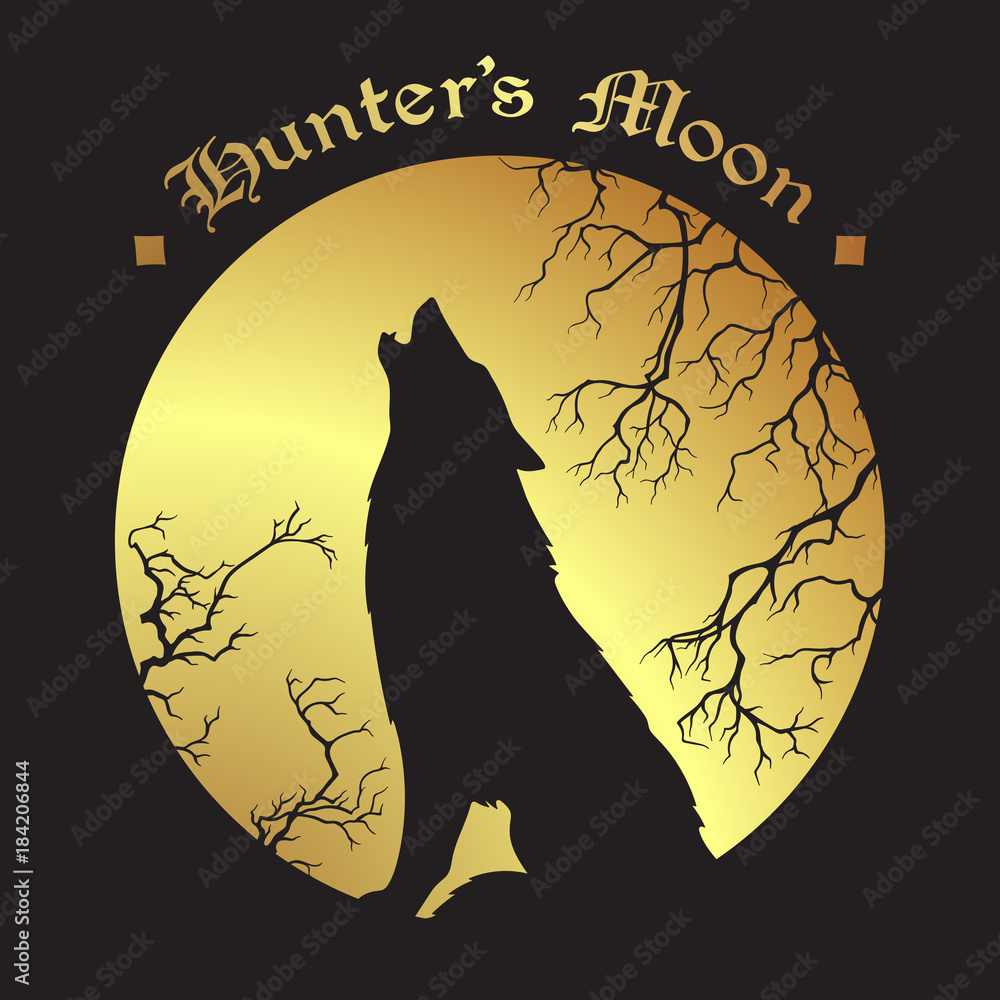 Silhouette of wolf howling at the full hunters moon vector illustration. Pagan totem, wiccan famili