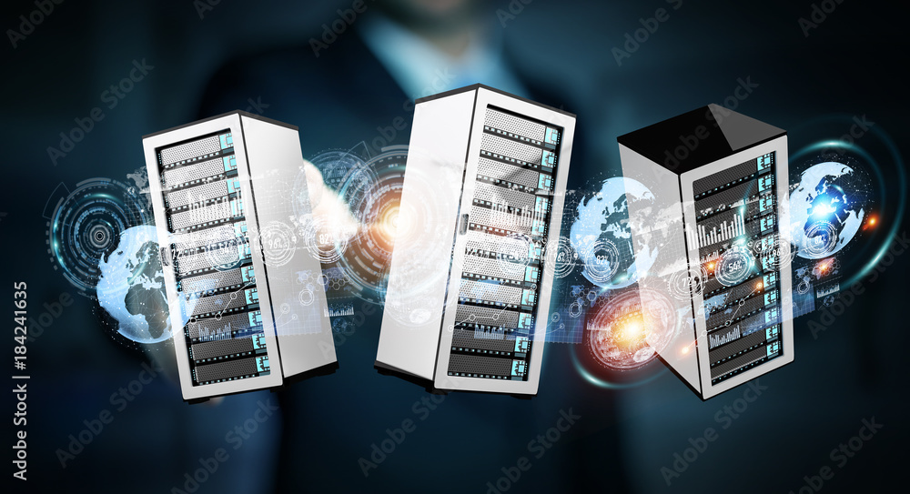 Businessman connecting servers room data center 3D rendering