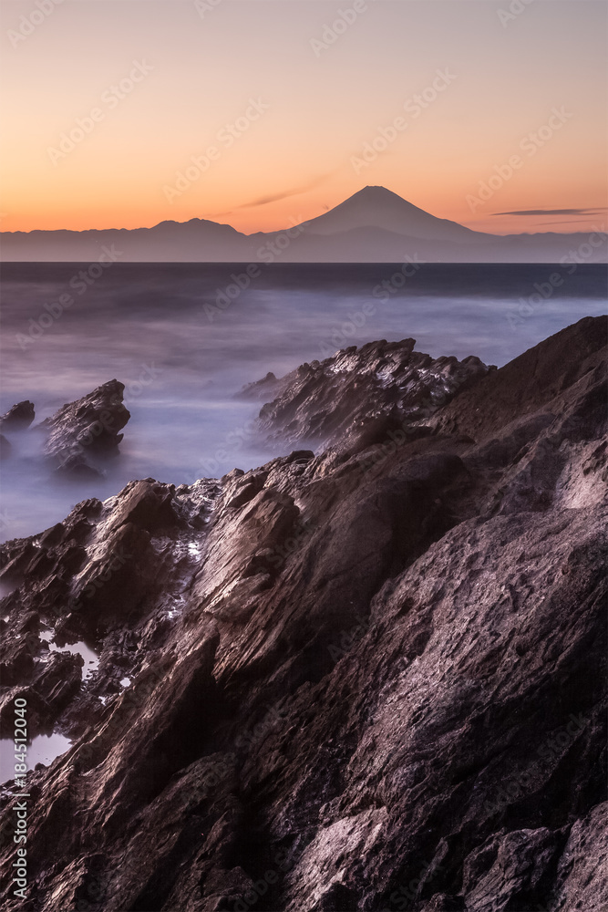 Japan seascape and Mt. Fuji in sunset. Seen from Jogashima island , Kanagawa prefecture. Jogashima i